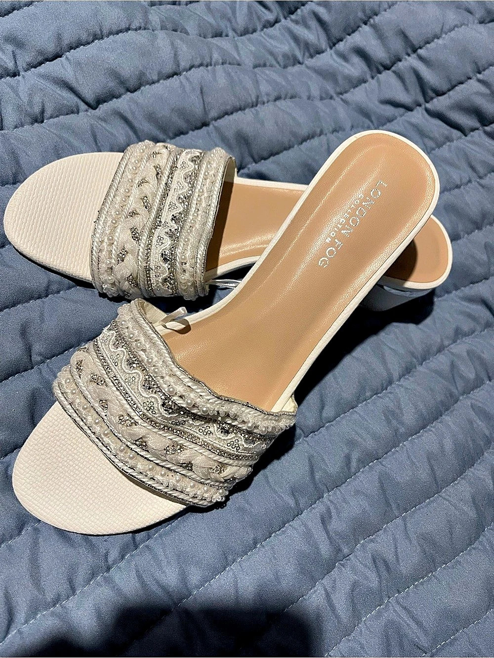 London fog Embellished Block Heel Sandals in Beige & Silver US 8.5 New